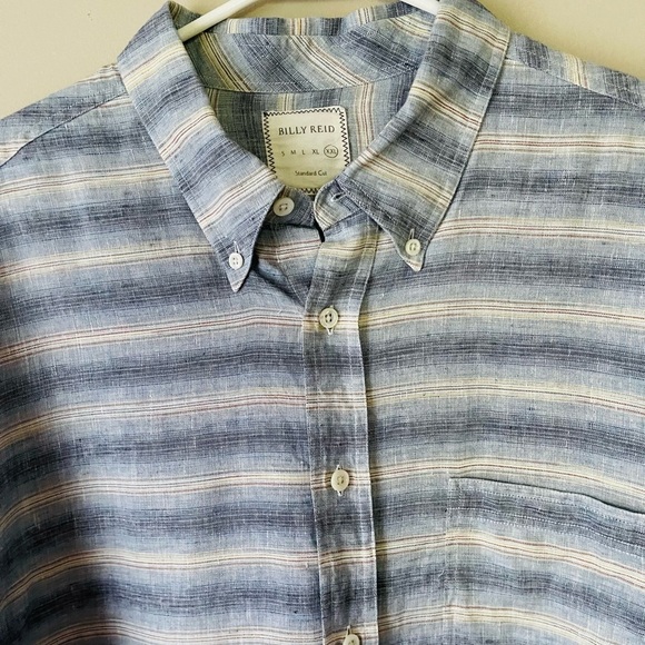 Billy Reid Blue Striped Linen Blend Long Sleeve Button Up Shirt - Picture 8 of 12